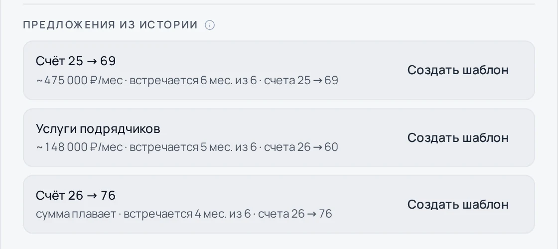 Блок «Предложения из истории» в шаблонах начислений свóдно
