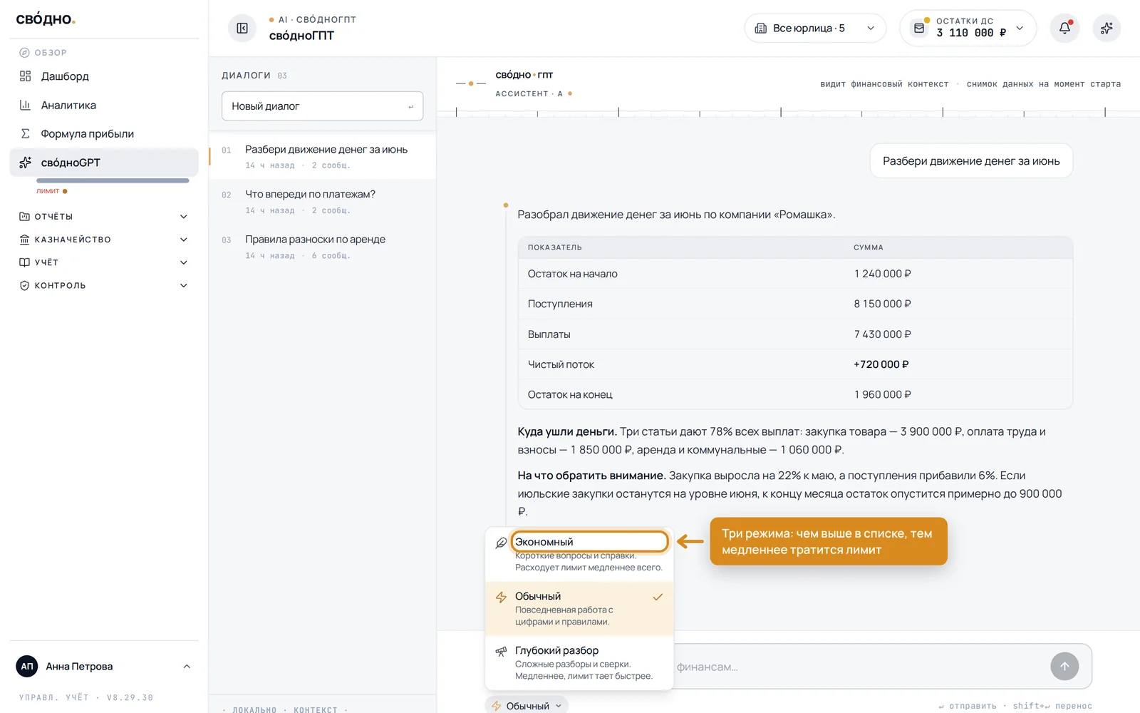 Переключатель режимов: Экономный, Обычный, Глубокий разбор