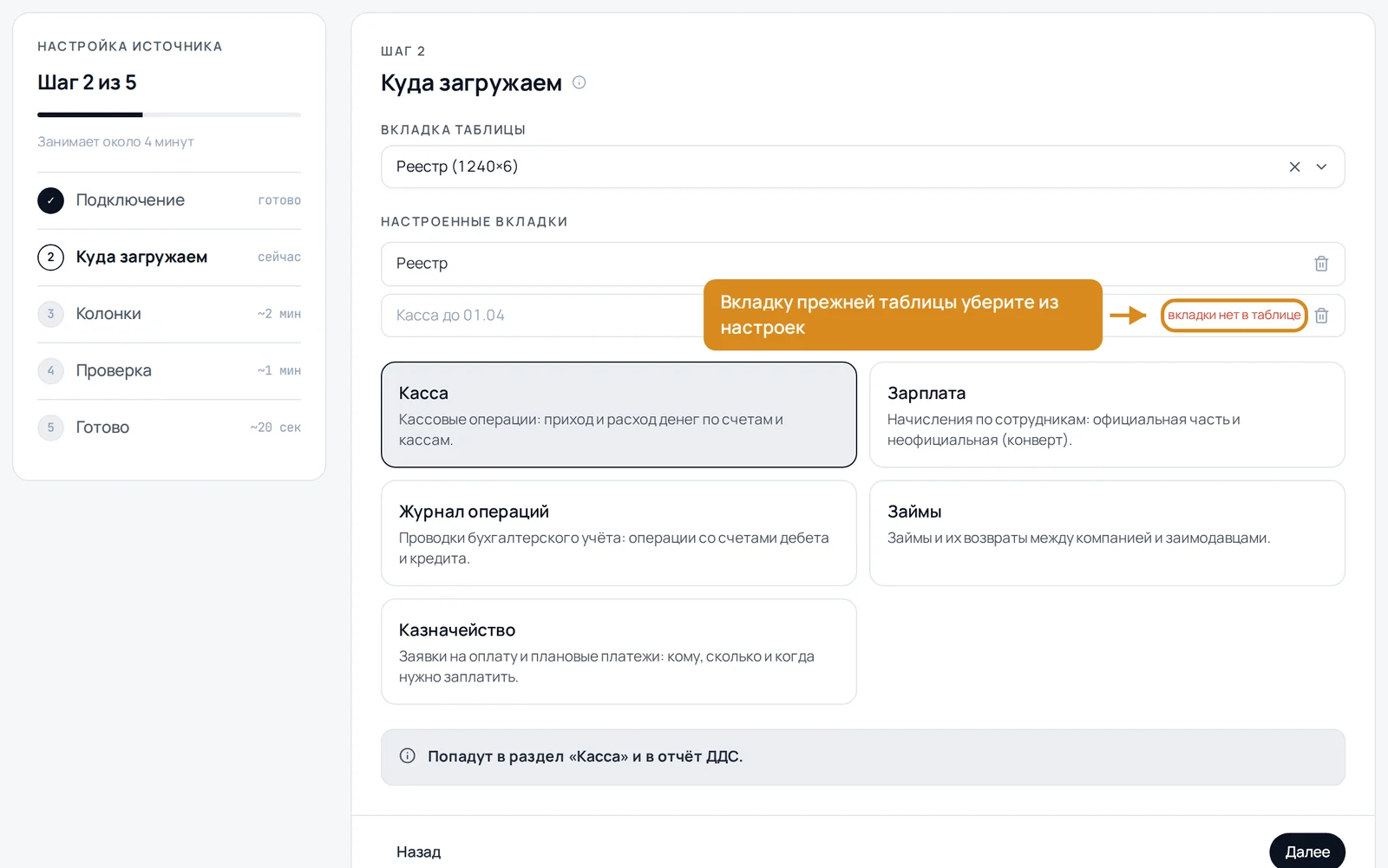 Список настроенных вкладок с пометкой «вкладки нет в таблице»